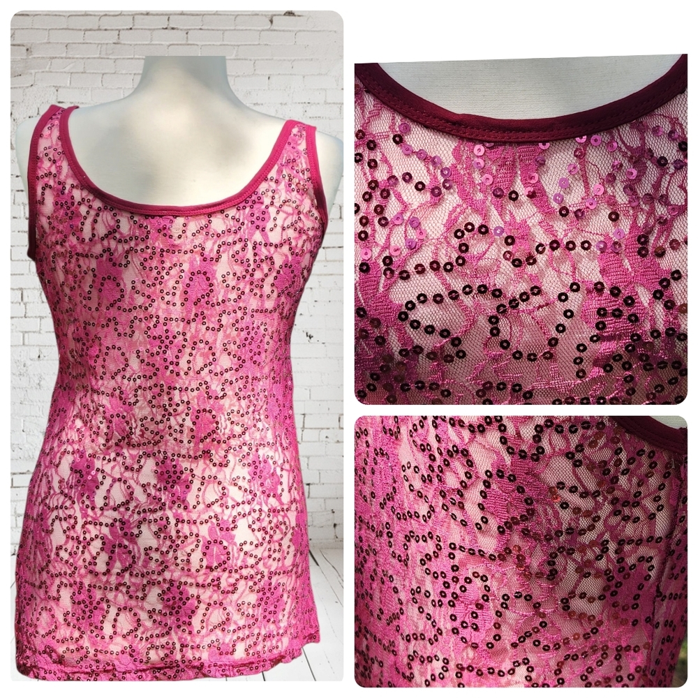 BKE The Buckle Pink Sequin Lace Tank Top Size Large Sheer Sleeveless